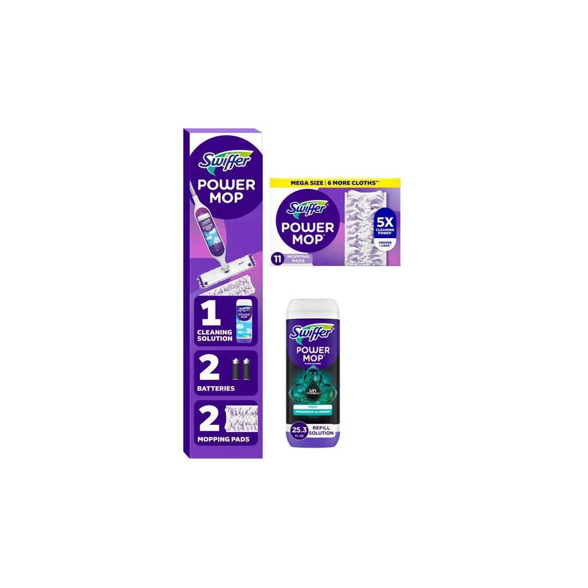 Swiffer Power Mop Multi-Surface Mop Kit for Floor Cleaning + 2ct/50.7 fl oz Unstopables Fresh Floor Cleaner Refill + 11ct Refill Pads