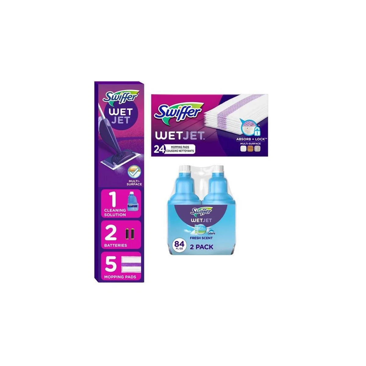 Swiffer WetJet 84.4 fl oz/2ct Multi-Purpose Cleaner + Floor Mop Starter Kit + 24ct Multi-Surface Floor Cleaner Spray Moping Pads Refill Unscented